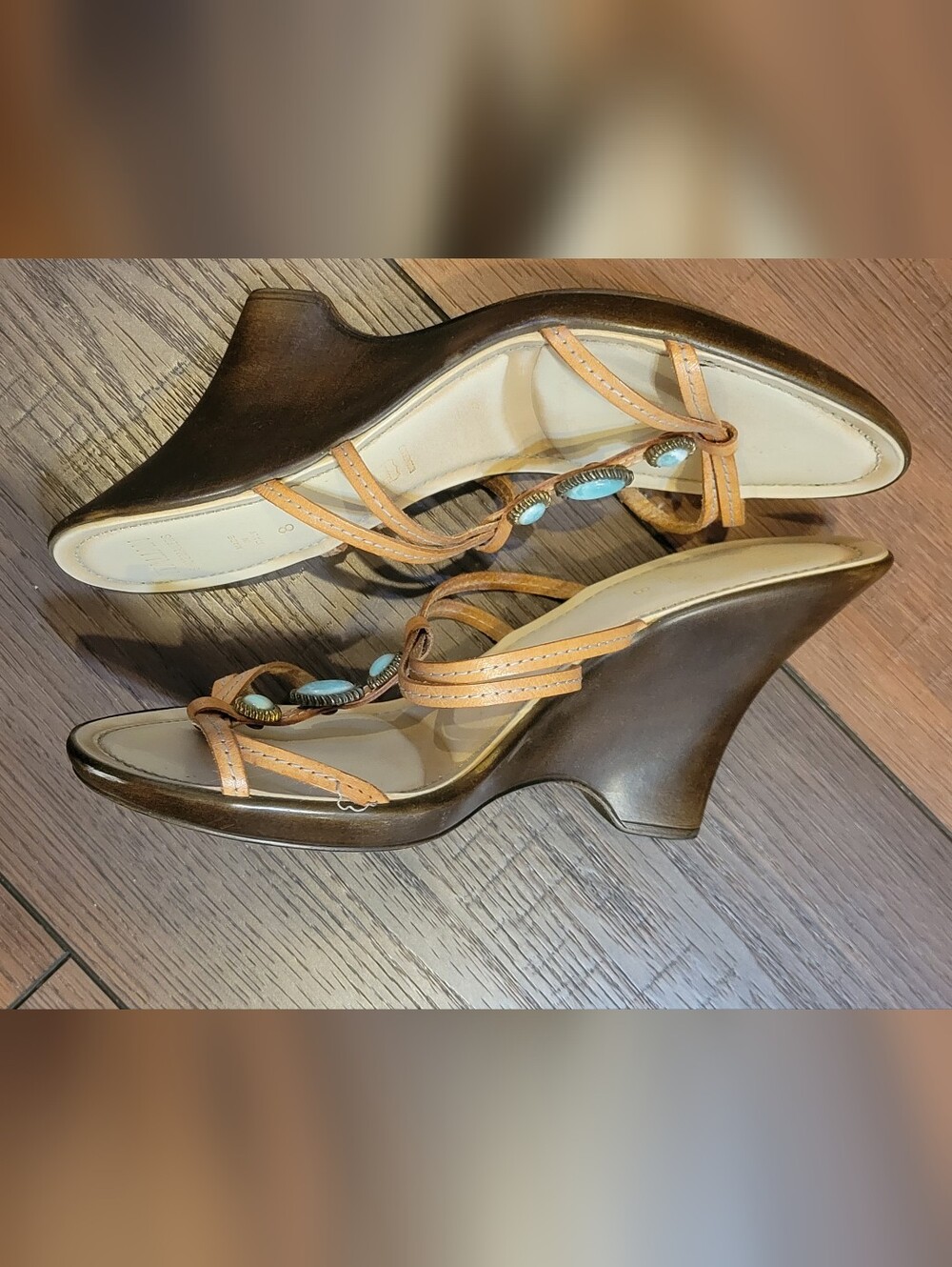 Italian Shoemakers Tan Leather Sandals with Turquoise Accents - Picture 3 of 4